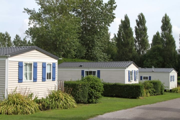 three white static caravans with blue trim surrounded by plants and bushes