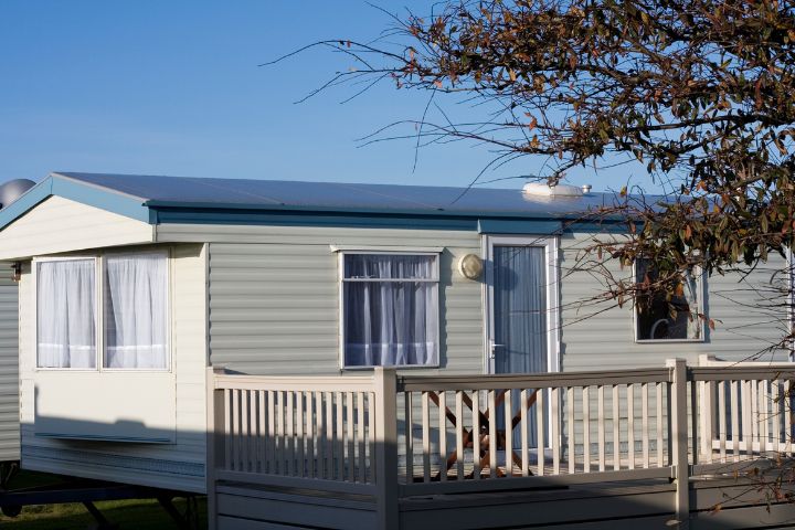 Static caravan with wooden decking