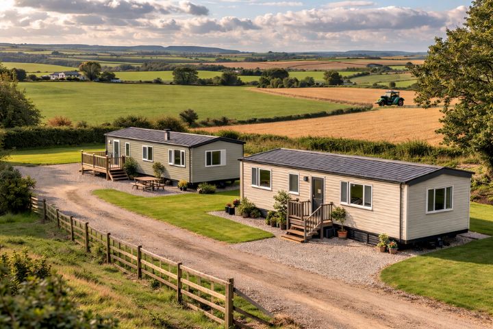 two static caravan homes on a farm