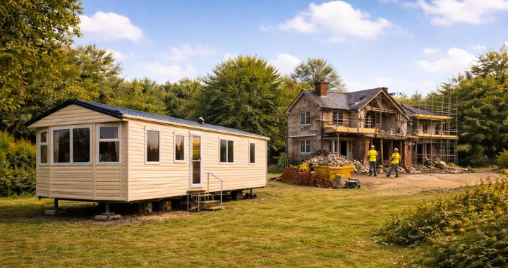 static caravan home on site next to a house under repair
