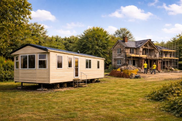 static caravan home on site next to house undergoing repairs