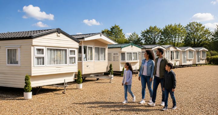family walking around the N Doe caravans showground on a sunny day