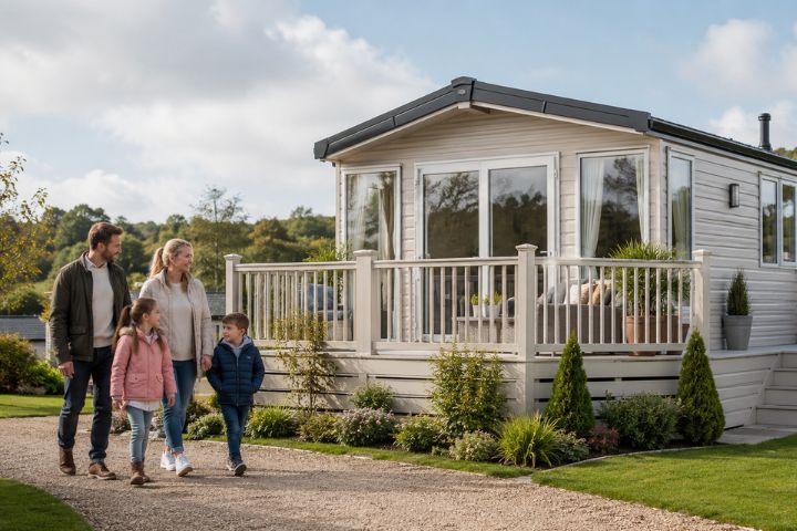 happy family of four walking by a static caravan in a holiday park