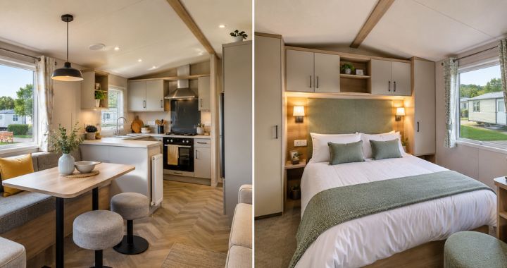 two image collage of modern kitchen and bedroom interiors in a static caravan home